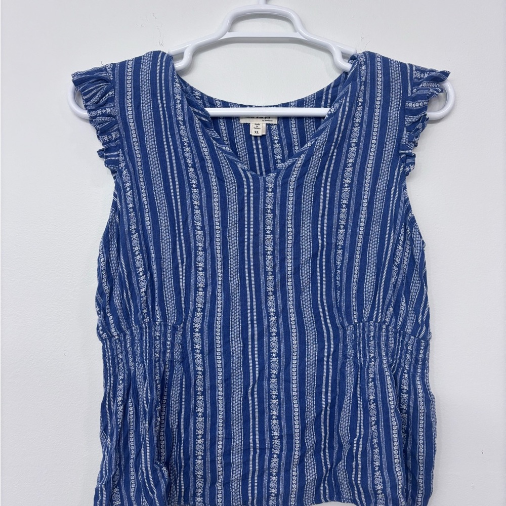 Faith and Joy Blue White Striped Peplum Ruffle Cap Sleeve Top XL